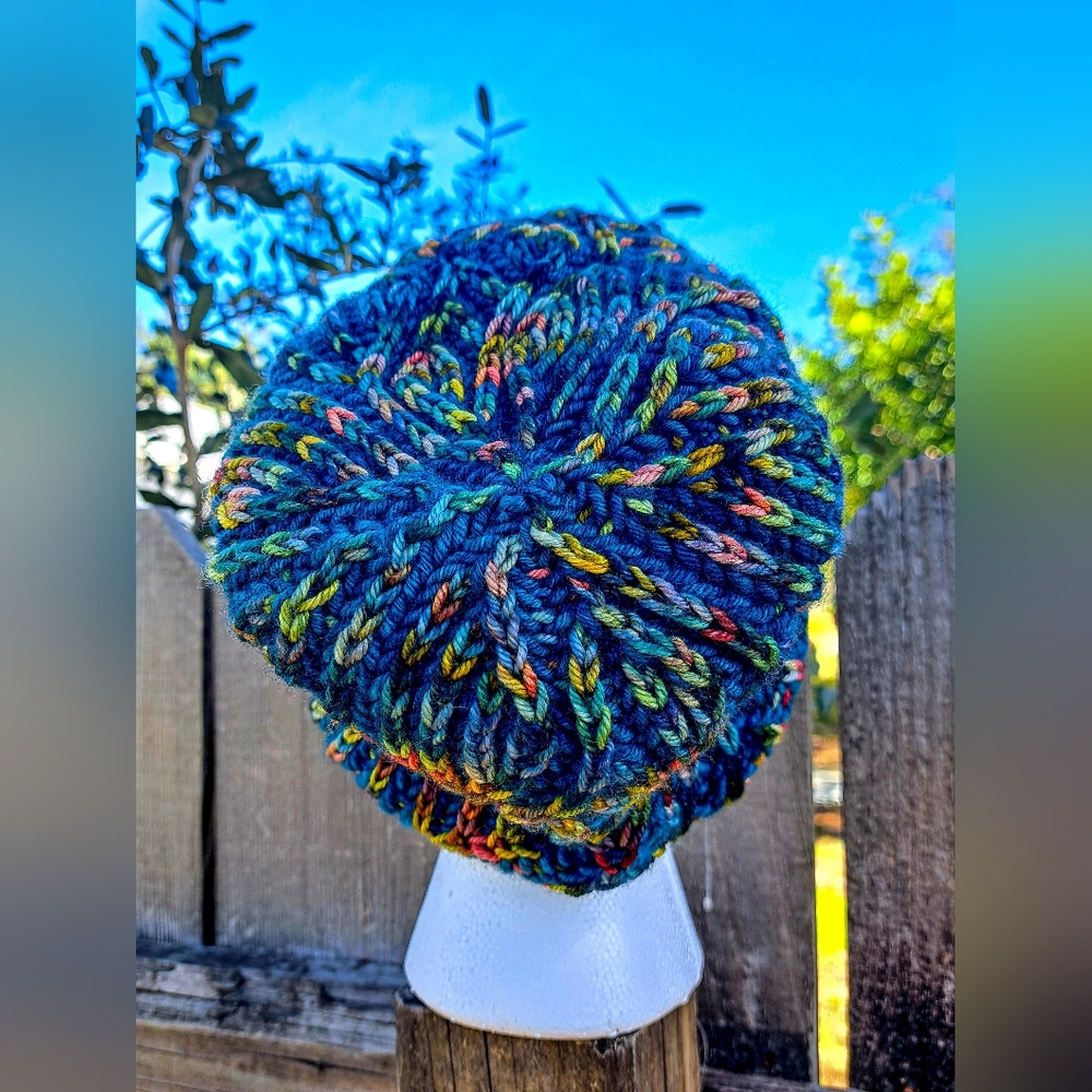 Knit Hat Warm Hand Dyed Soft Wool Green Multicolor Striped Brioche Stocking Cap - Picture 12 of 13